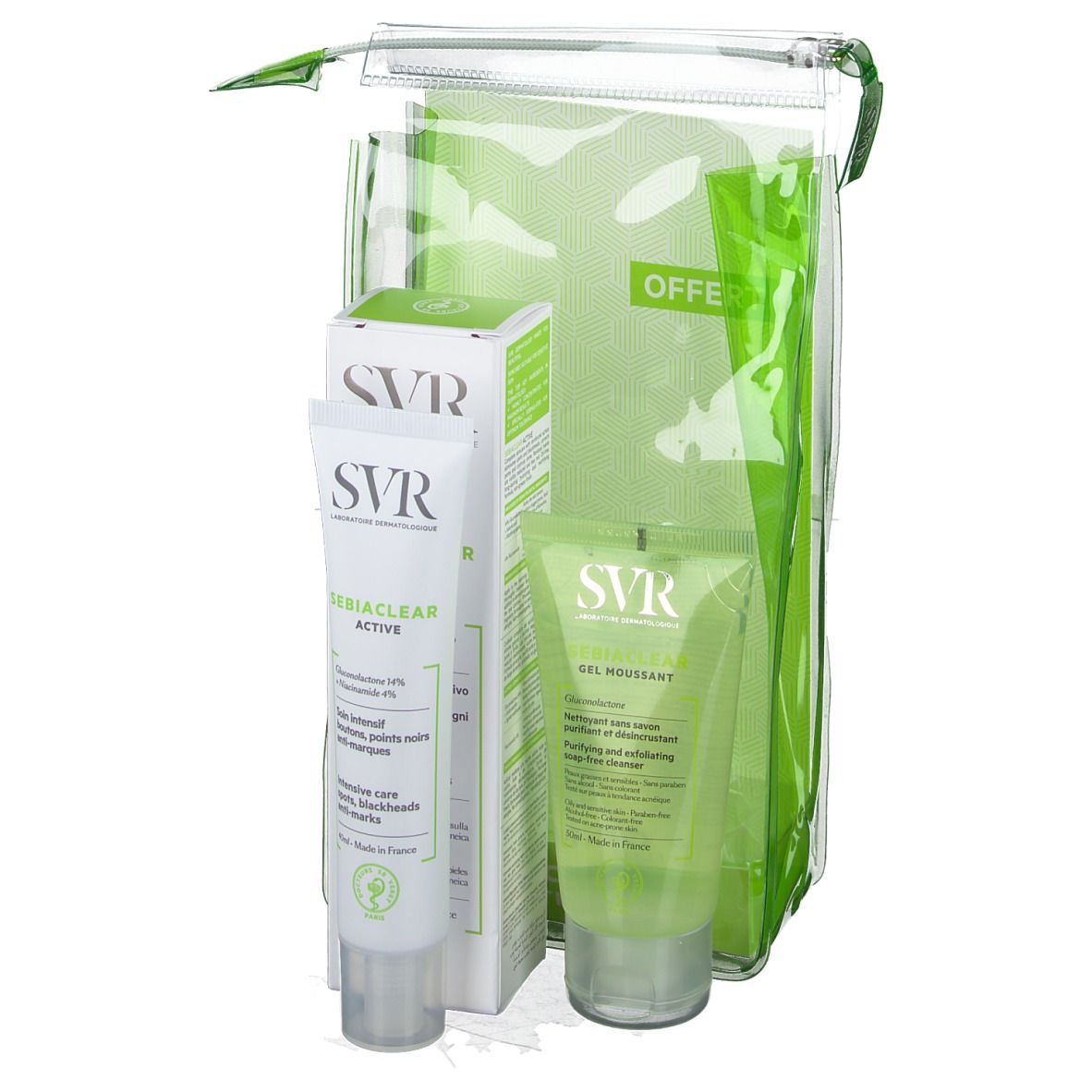 Set SVR Sebiaclear Active crème, Gel Moussant en doos in transparante tas. Groene tubes.