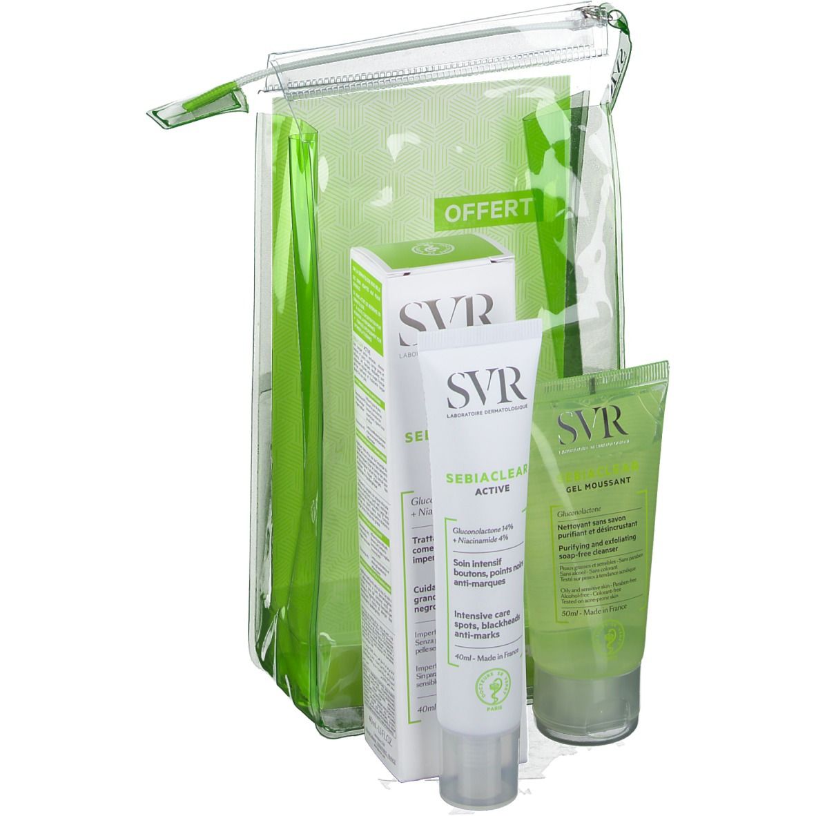 Set SVR Sebiaclear Active crème, Gel Moussant en doos in transparante tas. Groene tubes.