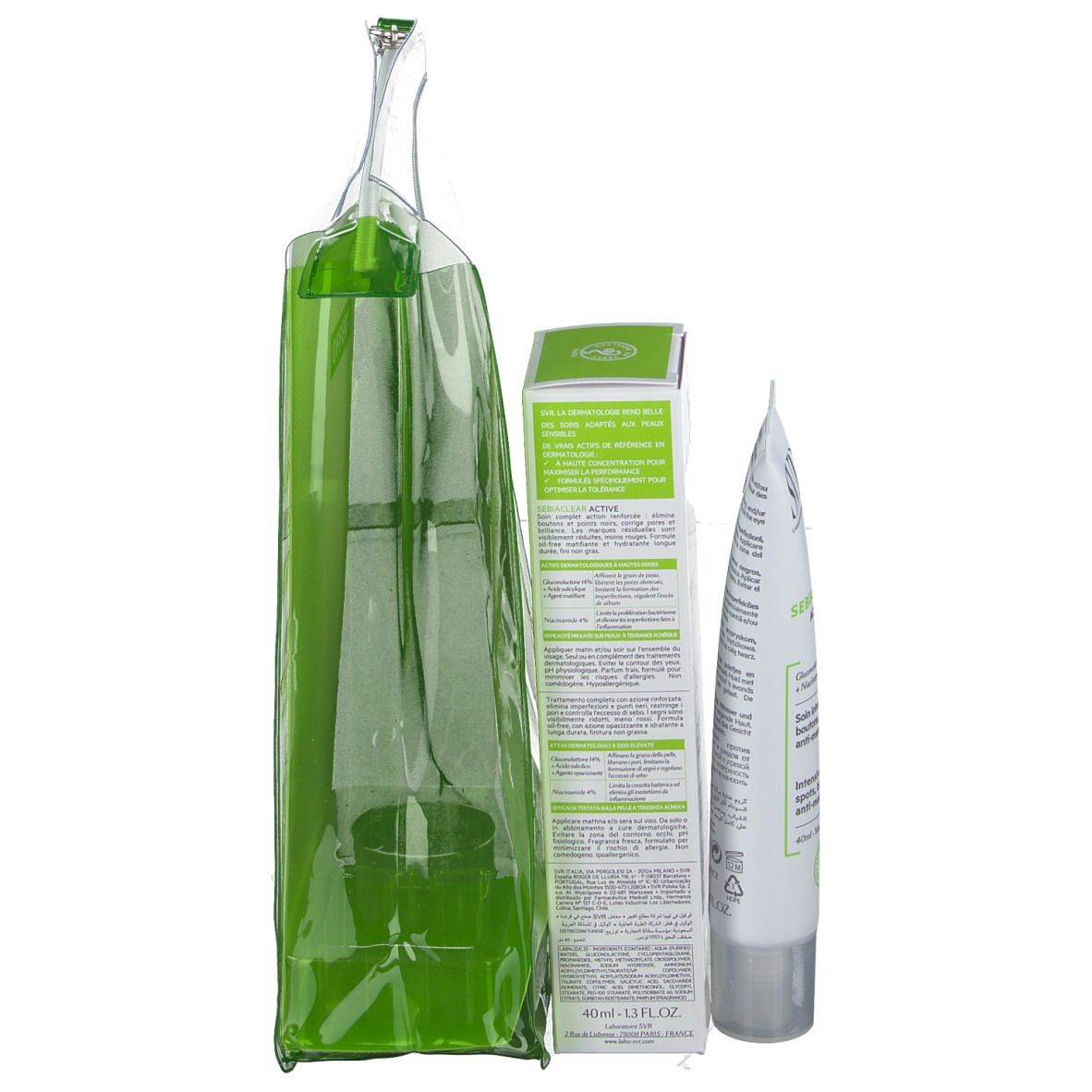 Achteraanzicht van de set met SVR Sebiaclear Active crème, doos en tas. Producten in groene en witte tubes.