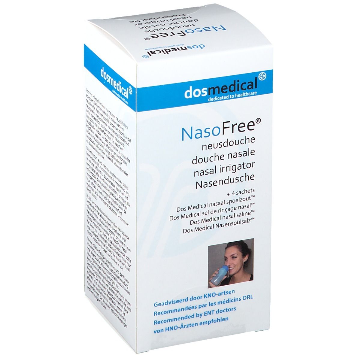 Boîte de NasoFree douche nasale. Carton blanc avec nom et logo du produit. Contient 4 sachets. Illustration d'une femme utilisant le produit.