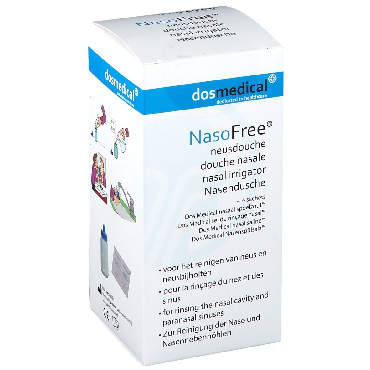 Boîte NasoFree. Illustrations d'utilisation : rinçage nasal. Flacon et sachets illustrés. Texte multilingue : nettoyage du nez.