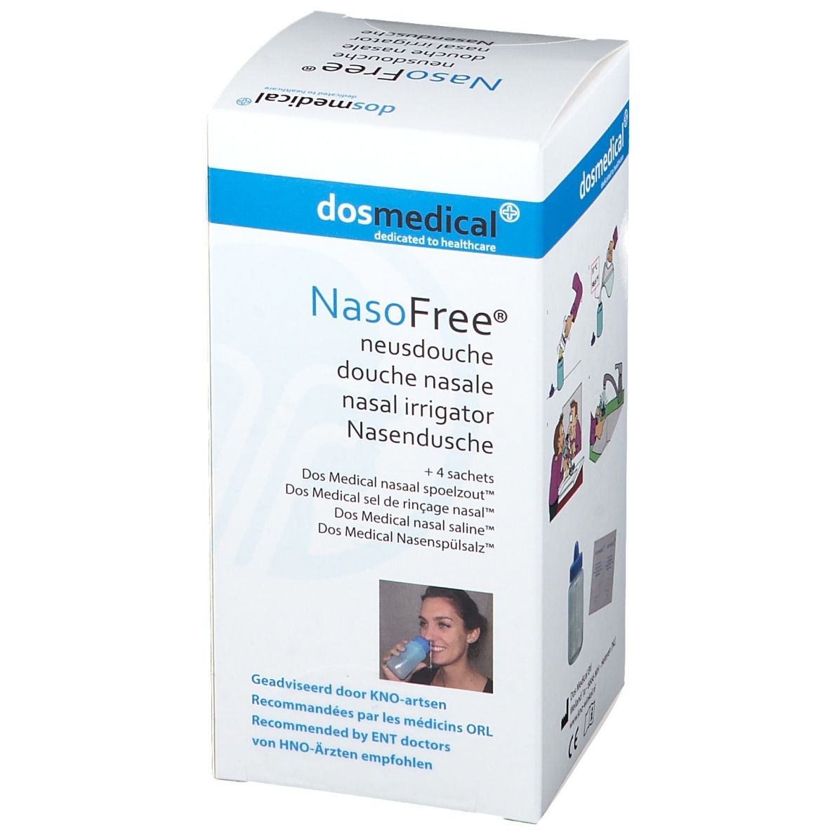 Boîte NasoFree. Carton blanc avec nom et logo du produit. Contient 4 sachets. Illustration d'une femme utilisant le produit. Recommandation médicale.