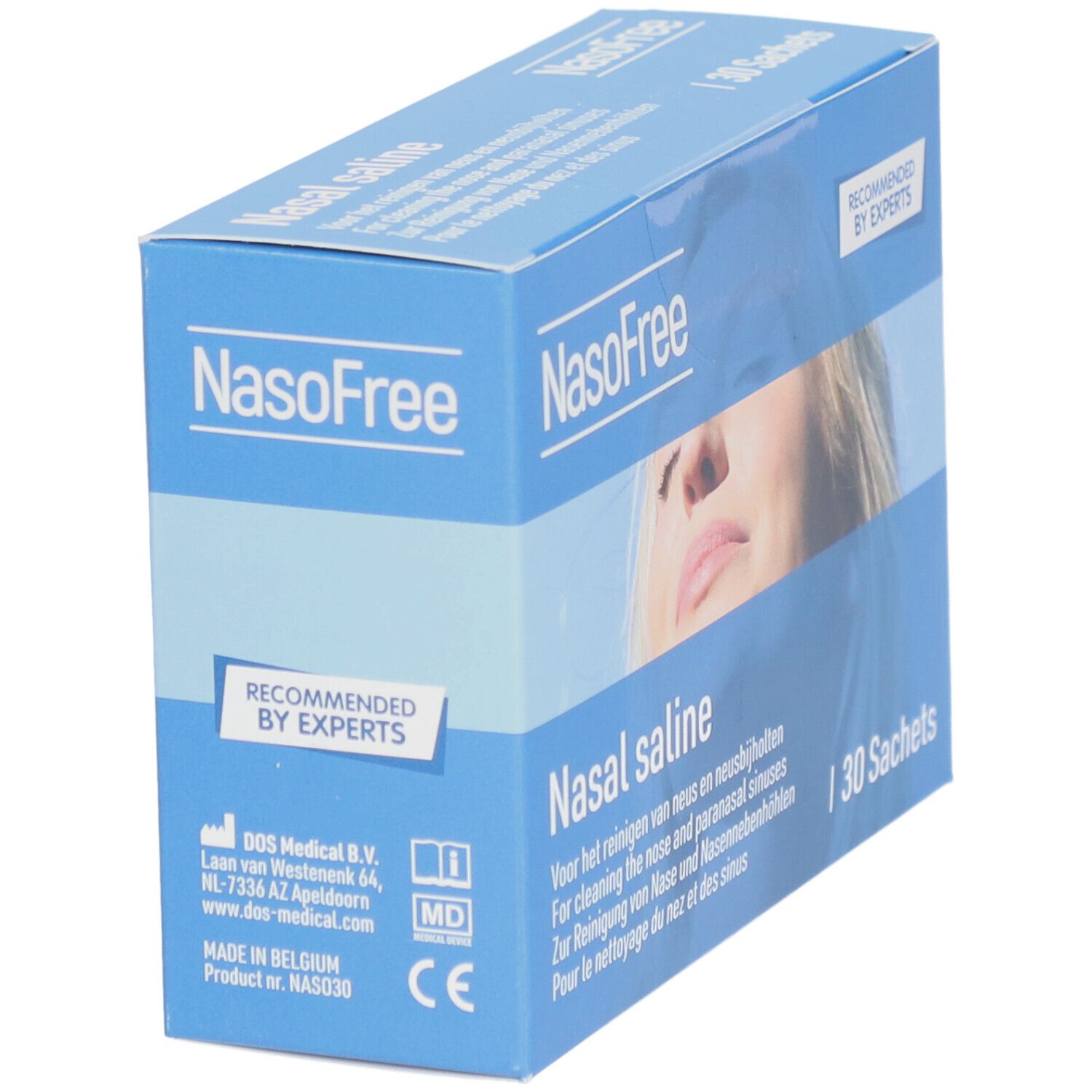 Blauwe doos met "NasoFree" en "Nasal saline". Bevat 30 sachets. Met MD-markering.