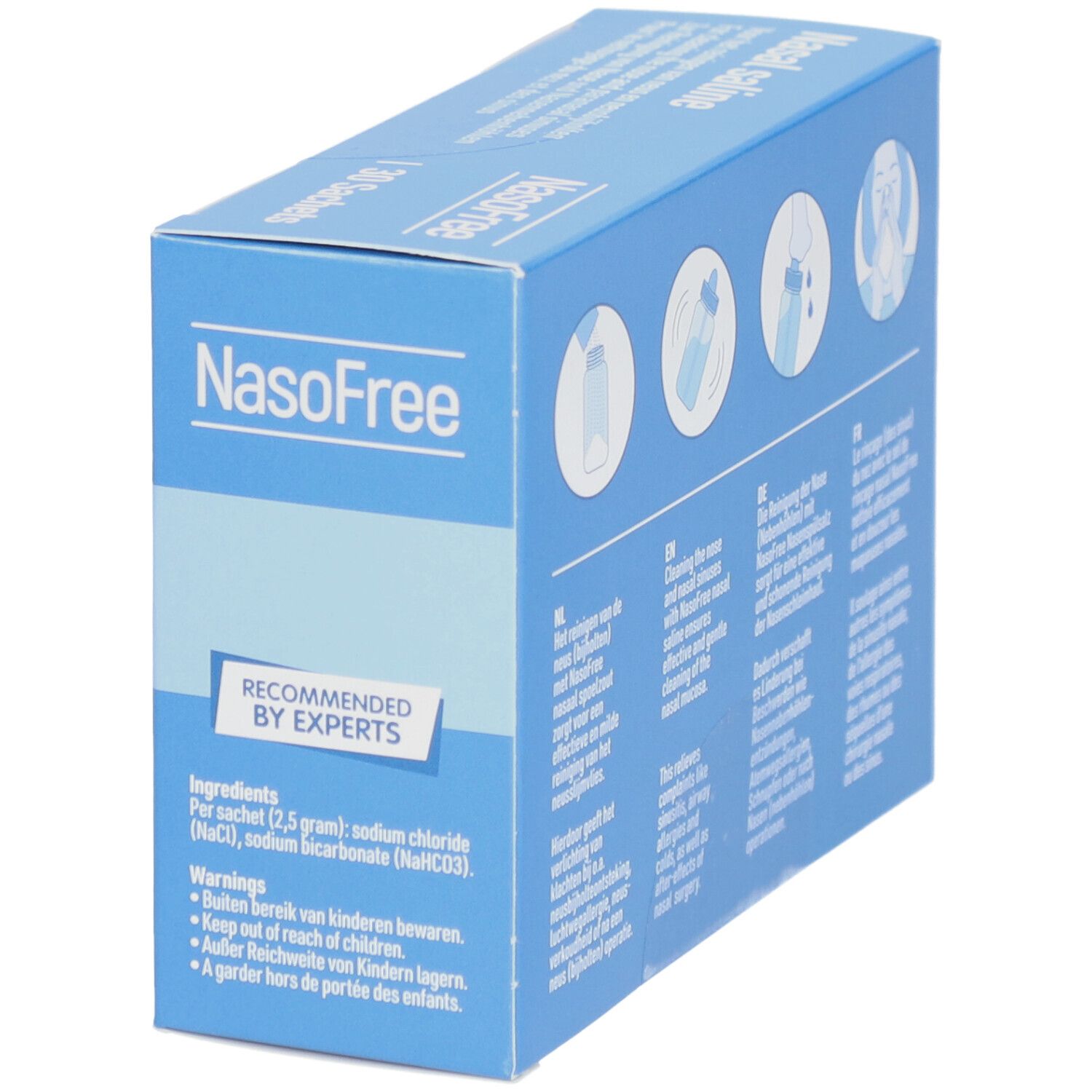 Blauwe doos met "NasoFree" en "Nasal saline". Bevat 30 sachets. Ingrediënten en waarschuwingen.