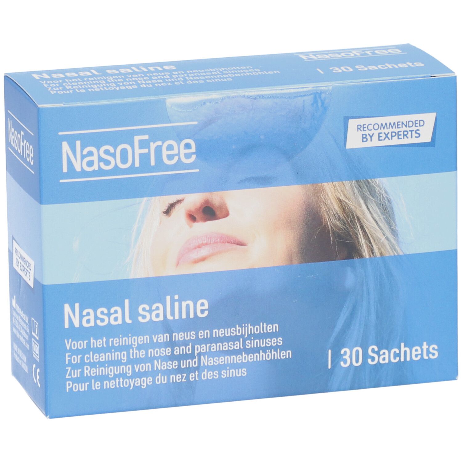 Blauwe doos met "NasoFree" en "Nasal saline". Bevat 30 sachets. Aanbevolen door experts.