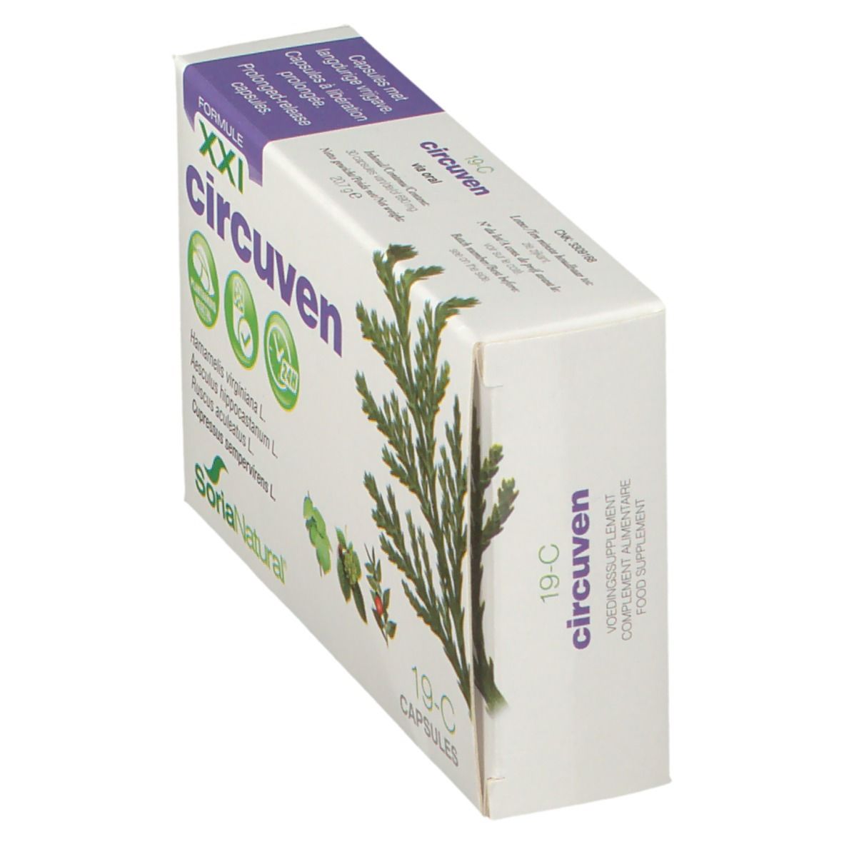 Vue oblique de la boîte de produit. Nom et ingrédients visibles. Soria Natural.