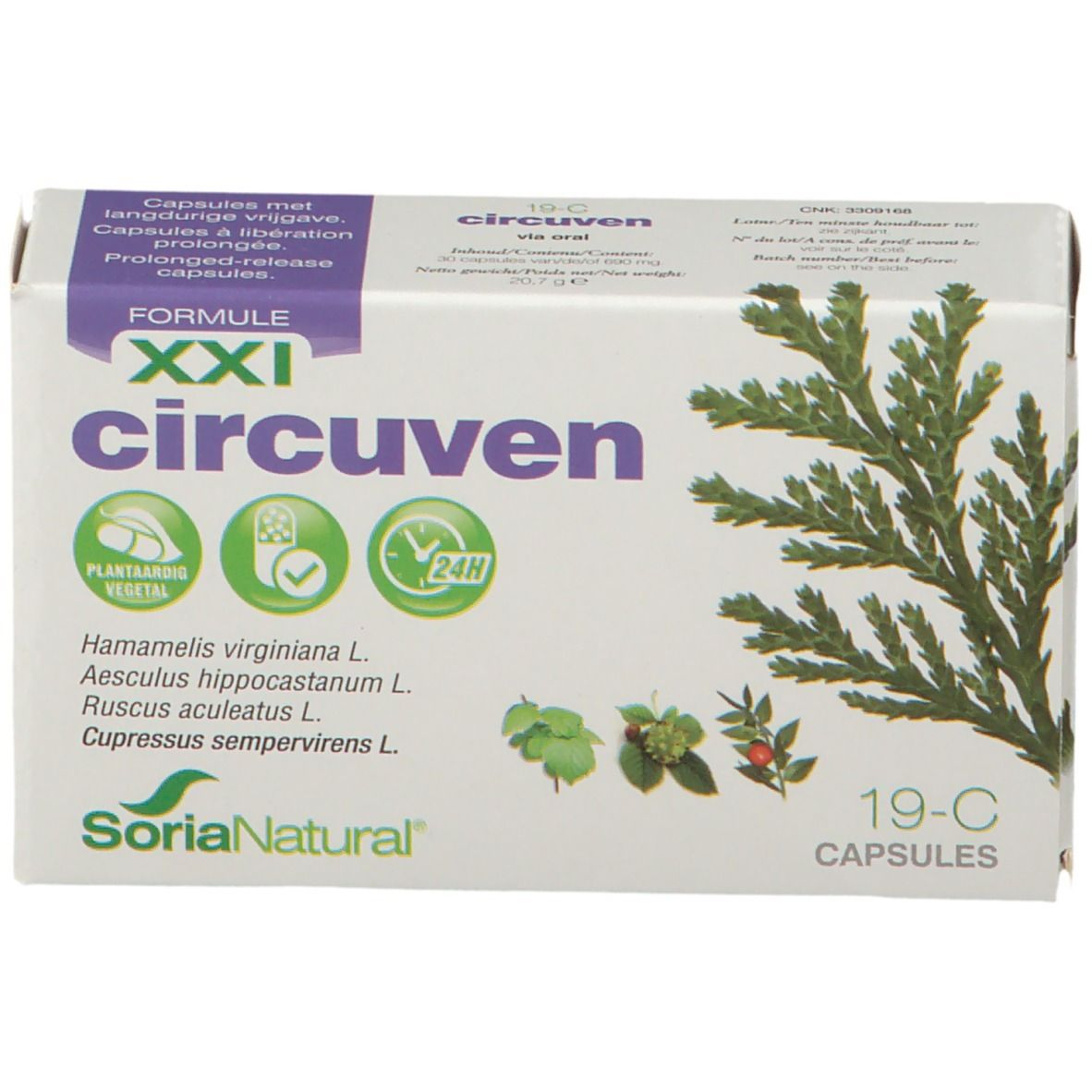 Boîte de capsules Circuven. Ingrédients végétaux et logo Soria Natural. 19-C capsules.