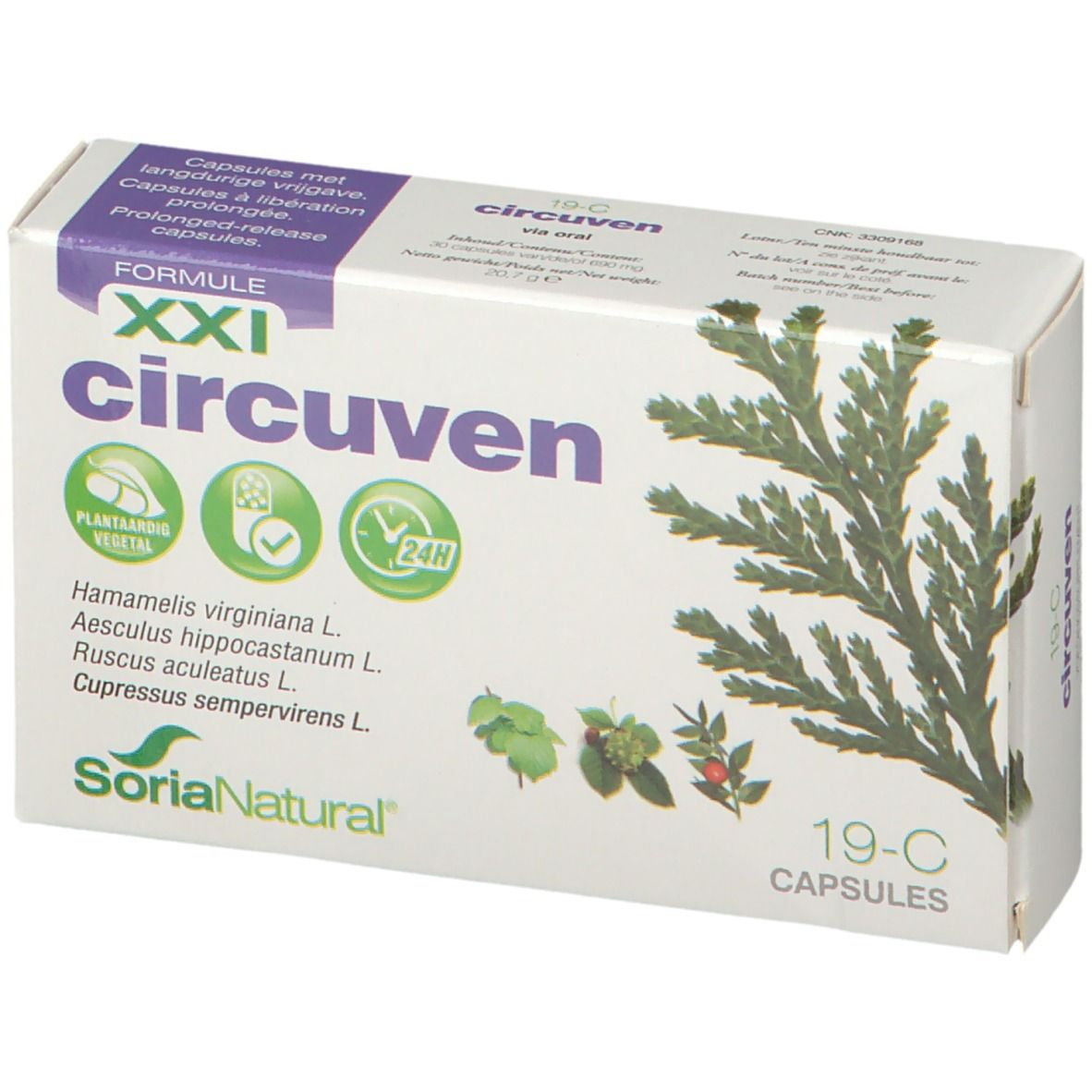 Boîte de capsules Circuven. Ingrédients végétaux et logo Soria Natural. 19-C capsules.