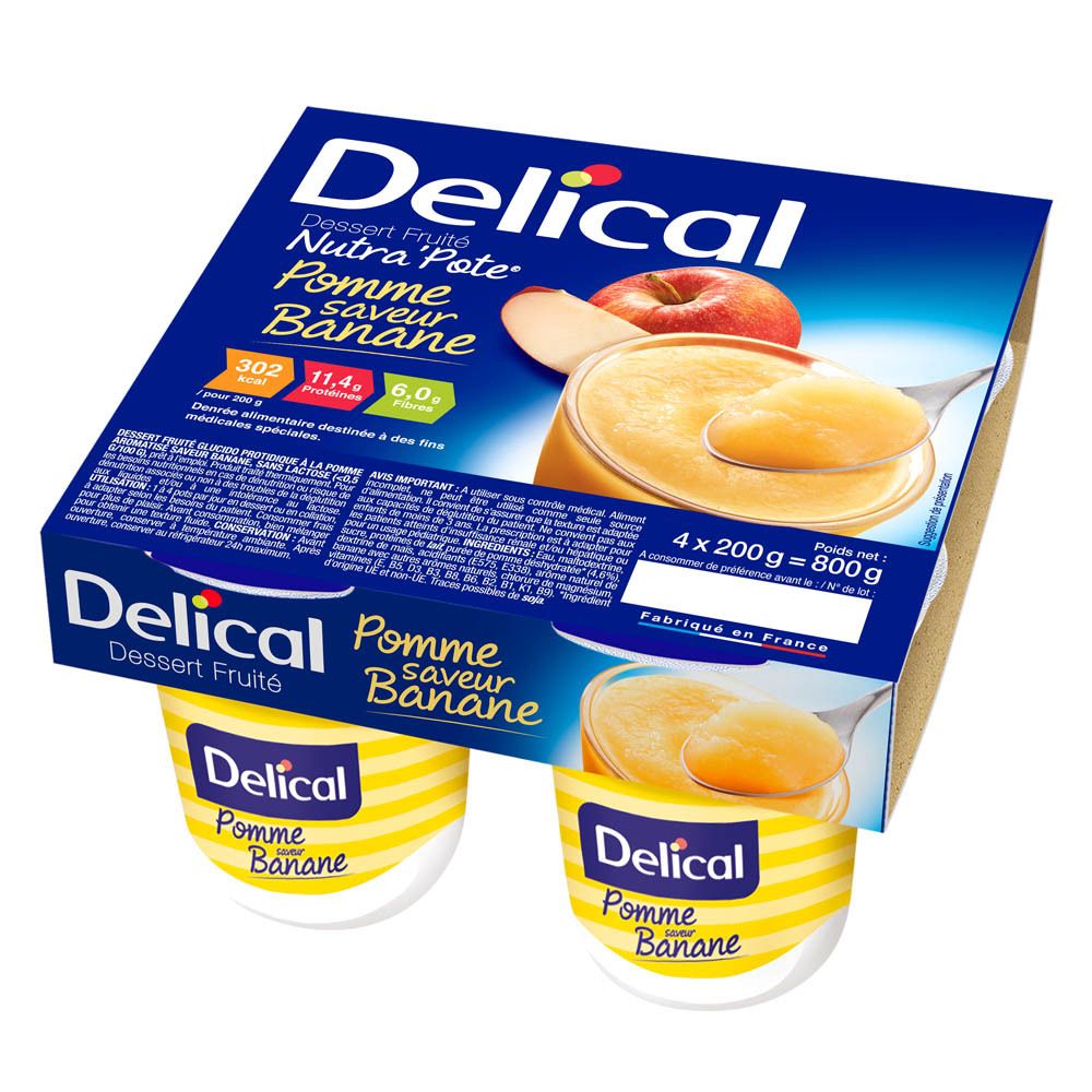 Delical Dessert Fruité Nutra'pote Pomme Saveur Banane. Quatre pots en emballage carton. Pots à rayures jaunes.