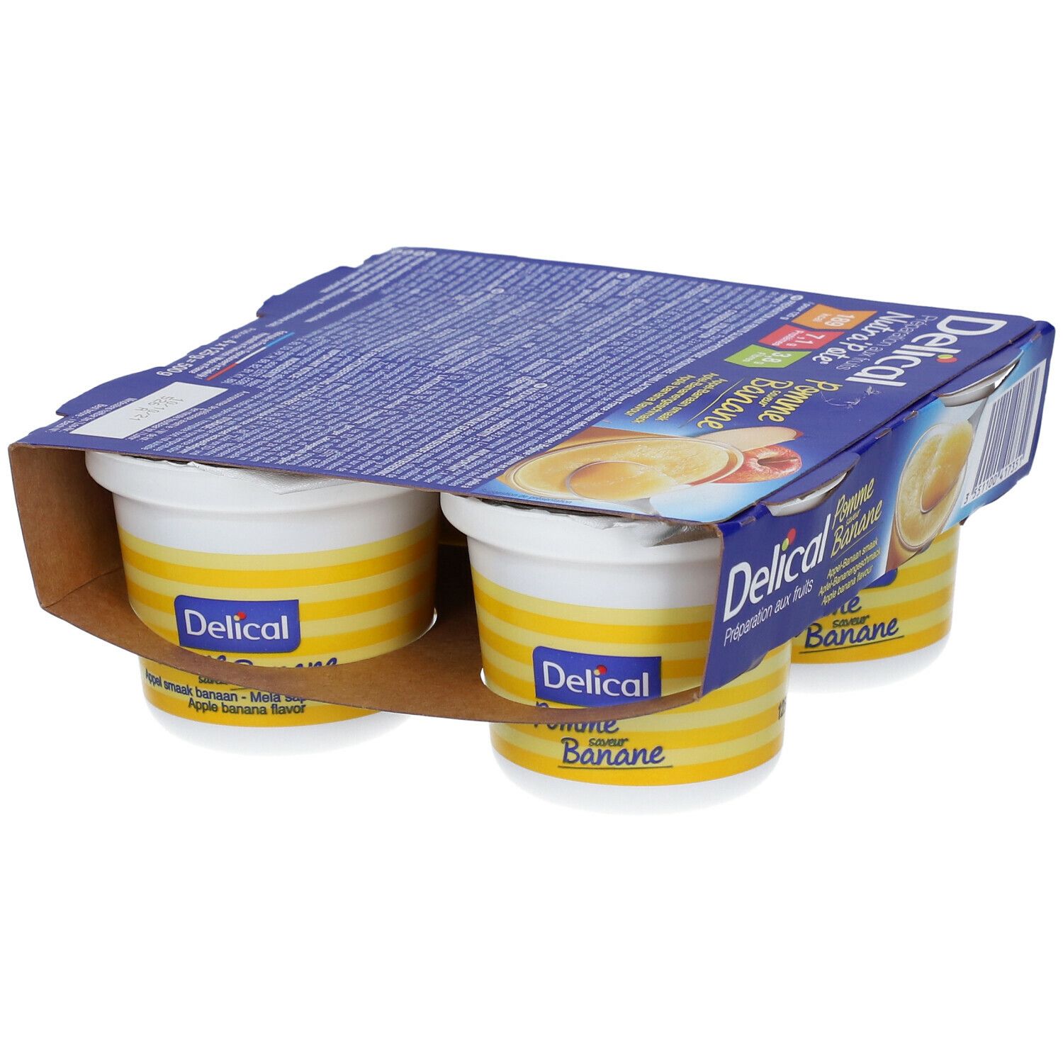 Emballage de Delical Nutra'pote Pomme Banane. Quatre pots dans un emballage carton. Pots à rayures jaunes et couvercle blanc.