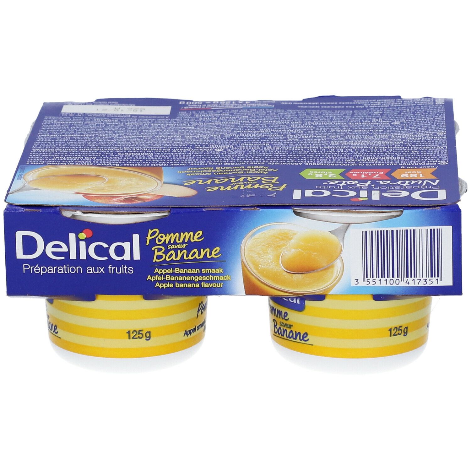 Emballage de Delical Nutra'pote Pomme Banane. Quatre pots dans un emballage carton. Pots à rayures jaunes et couvercle blanc.