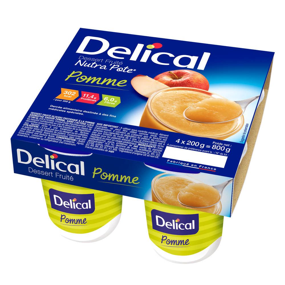 Emballage de quatre pots Delical Dessert Fruité Pomme. Pots à rayures vertes. Emballage carton avec informations produit.