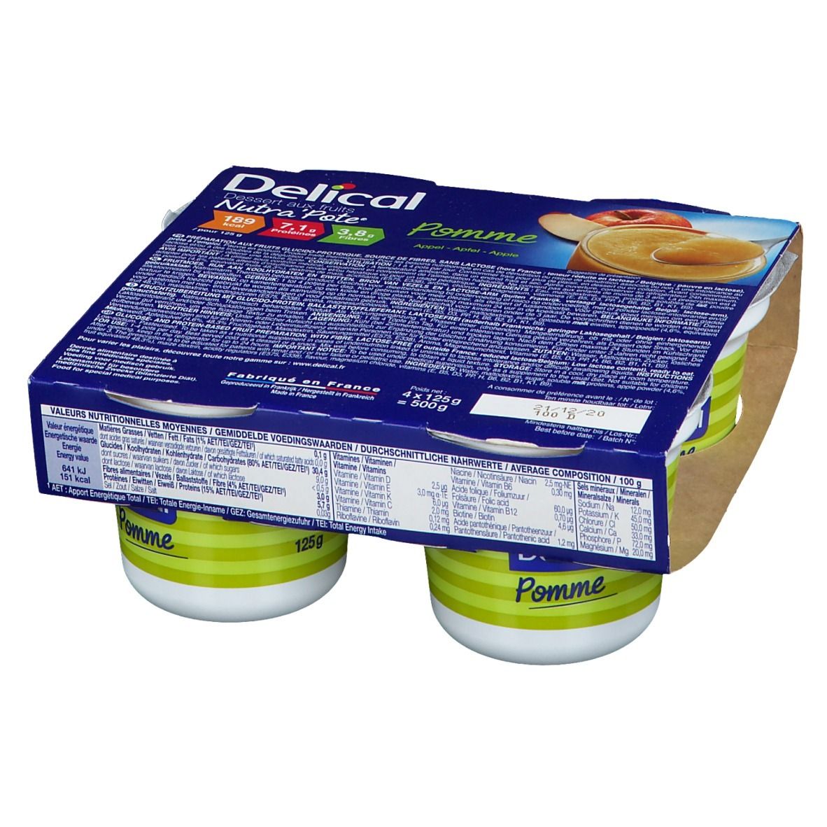 Emballage de quatre pots Delical Nutra'pote Pomme. Pots à rayures vertes. Emballage carton avec informations produit.