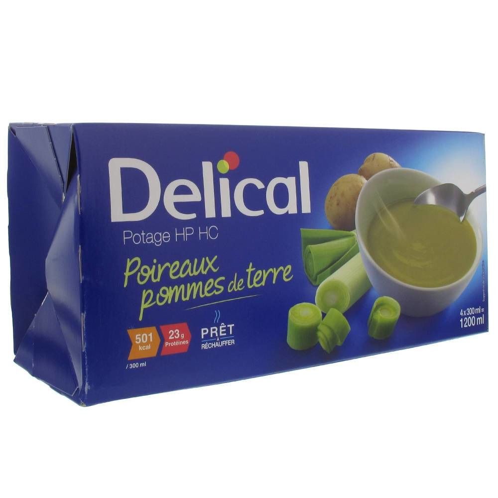 Boîte bleue Delical, soupe poireaux pommes de terre. Inscription : Potage HP HC. Illustration : soupe, légumes. Contient 4 portions de 300 ml.