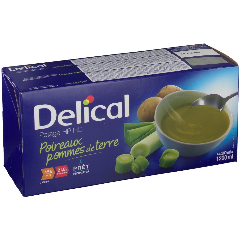 Boîte Delical, soupe poireaux pommes de terre. Inscriptions : Potage HP HC, 4x300ml. Illustration : soupe, légumes. Date de péremption.