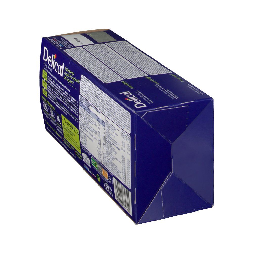 Dos de la boîte Delical, soupe poireaux pommes de terre. Inscriptions : informations nutritionnelles, ingrédients, fabricant. Emballage bleu.