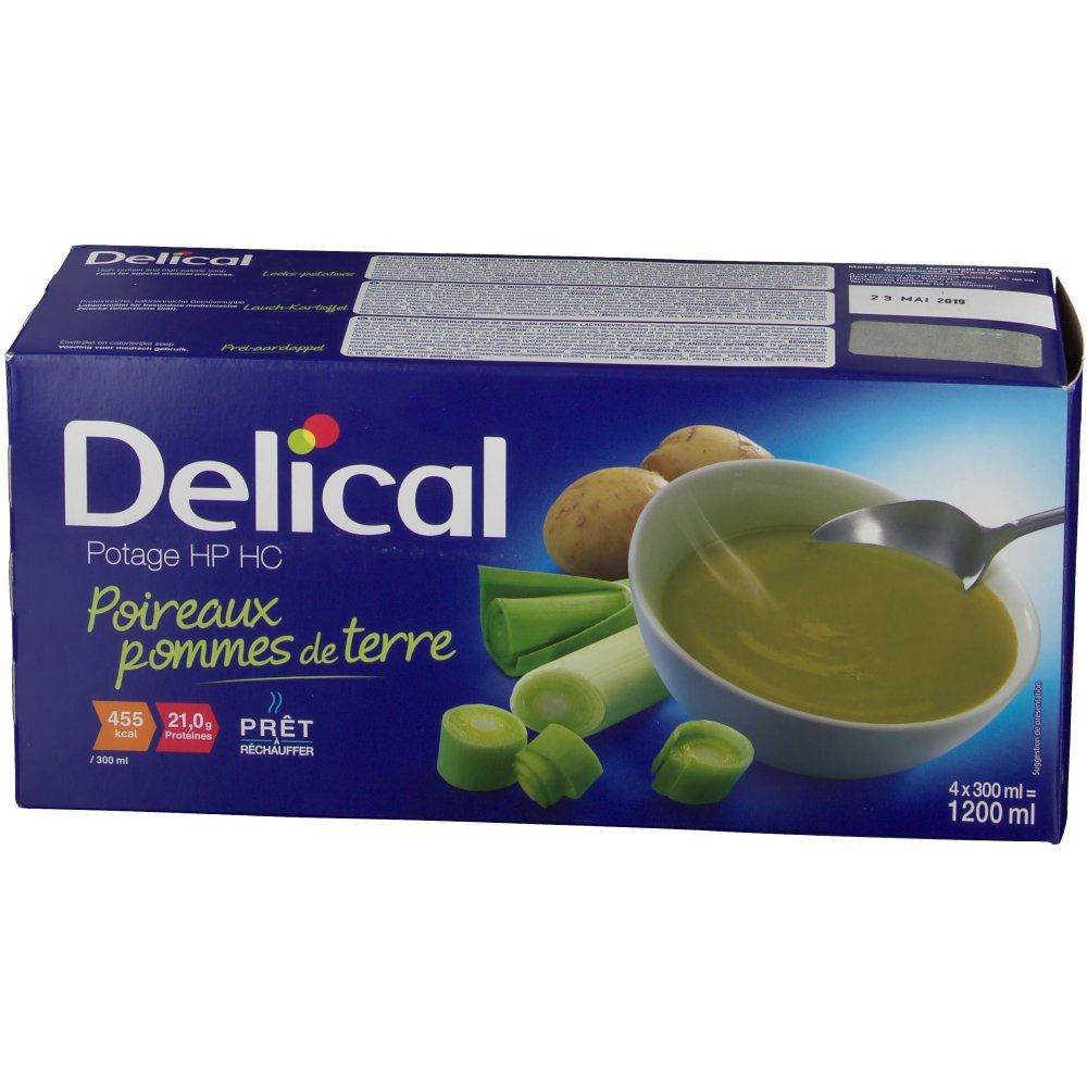 Boîte Delical, soupe poireaux pommes de terre. Inscriptions : Potage HP HC, 4x300ml. Illustration : soupe, légumes. Date de péremption.