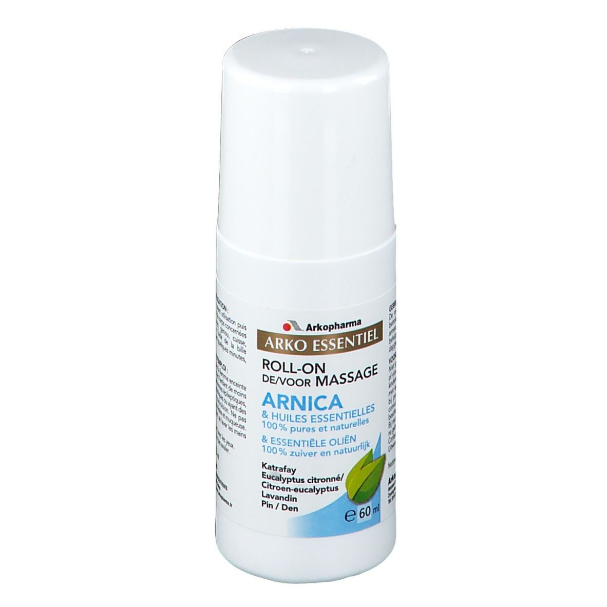 Witte roll-on fles met witte dop. Opschrift: Arko Essentiel, Arnica, 100% pure en natuurlijke oliën. Met ingrediënten.