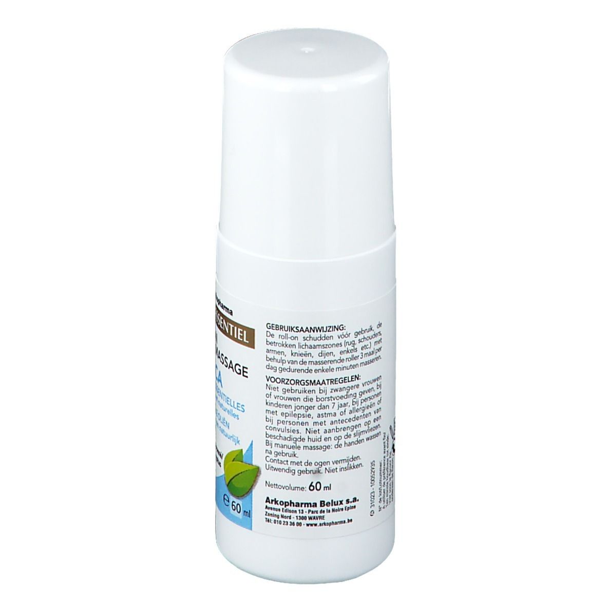 Achterkant van de witte roll-on fles. Tekst: Gebruiksaanwijzing, voorzorgsmaatregelen, netto volume 60 ml. Arko Pharma Belux s.a.