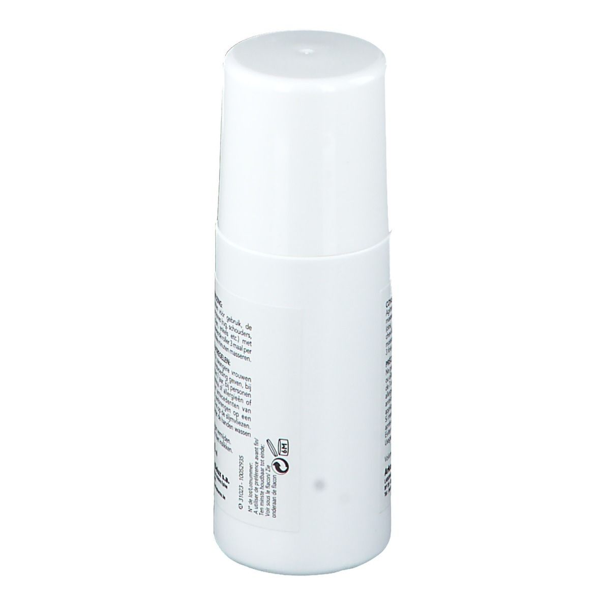 Achterkant van de witte roll-on fles. Tekst en logo's. Volume 60 ml. Fabrikant informatie.