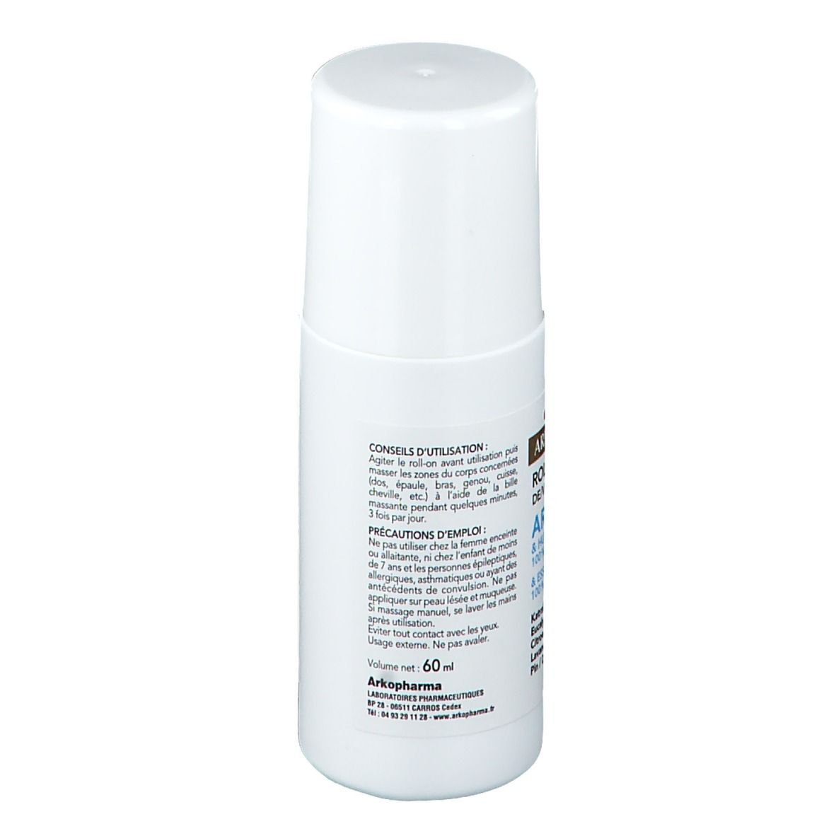 Achterkant van de witte roll-on fles. Tekst: Gebruiksadvies, voorzorgsmaatregelen, volume 60 ml. Arko Pharma.