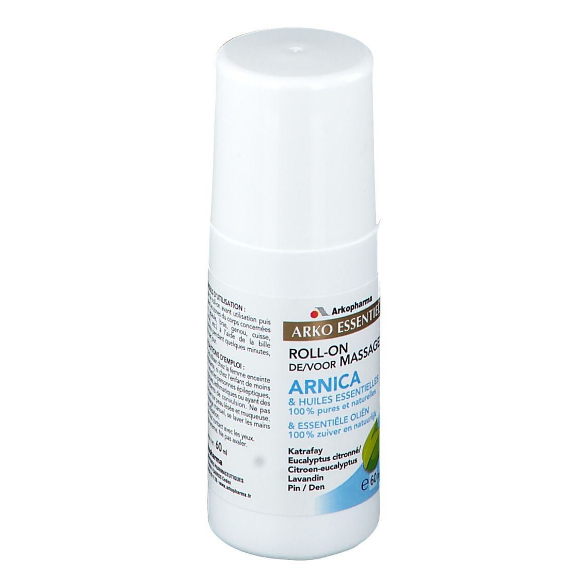 Witte roll-on fles met witte dop. Opschrift: Arko Essentiel, Arnica, 100% pure en natuurlijke oliën. Met ingrediënten.