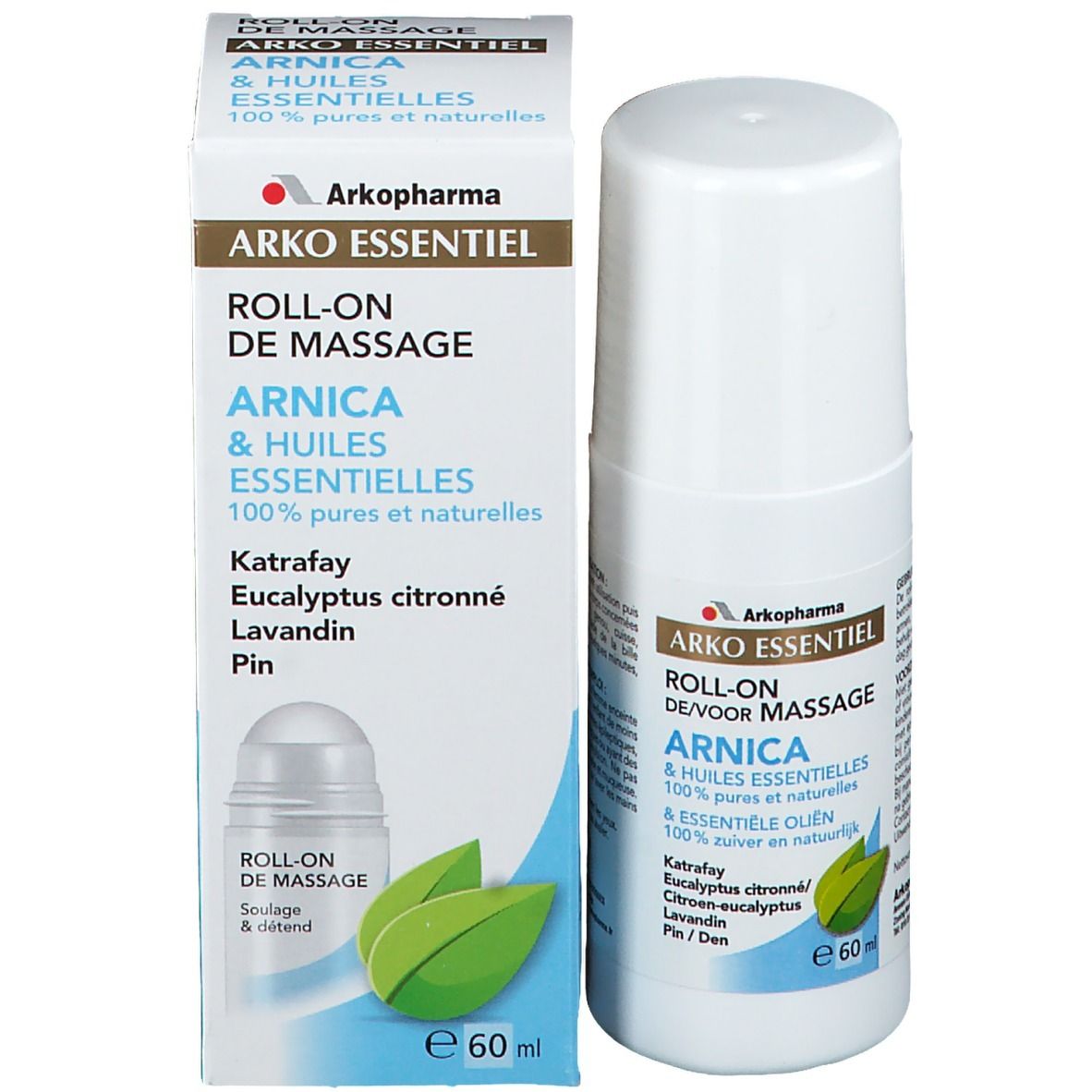 Product en verpakking. Witte roll-on fles en doos. Opschrift: Arko Essentiel, Arnica, 100% pure en natuurlijke oliën. 60 ml.