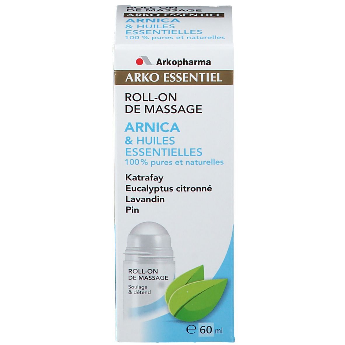 Product en verpakking. Doos met roll-on fles. Opschrift: Arko Essentiel, Arnica, 100% pure en natuurlijke oliën. 60 ml.