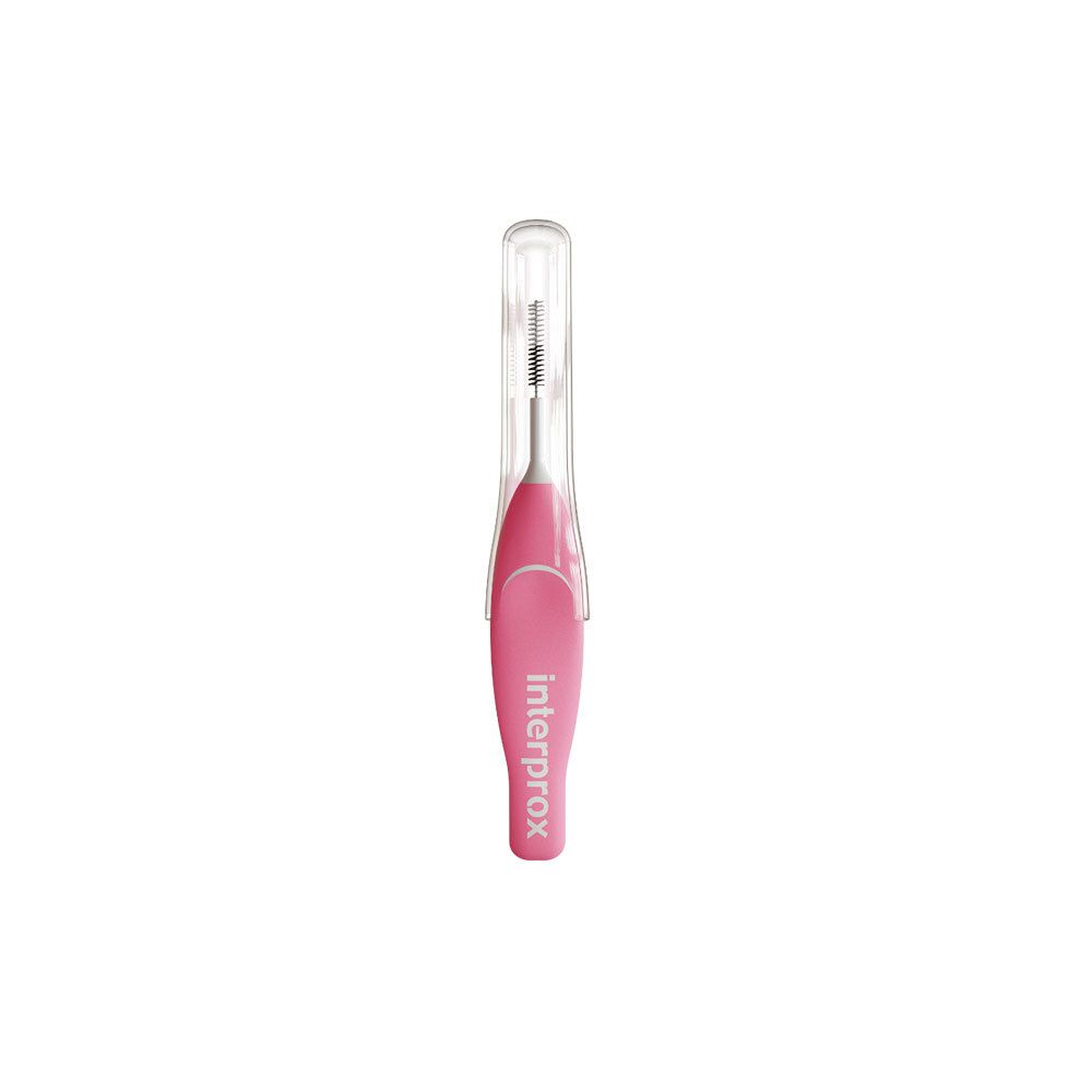 Roze tandenborstel met transparante bescherming. Merk Interprox. Nano 1,9 mm.