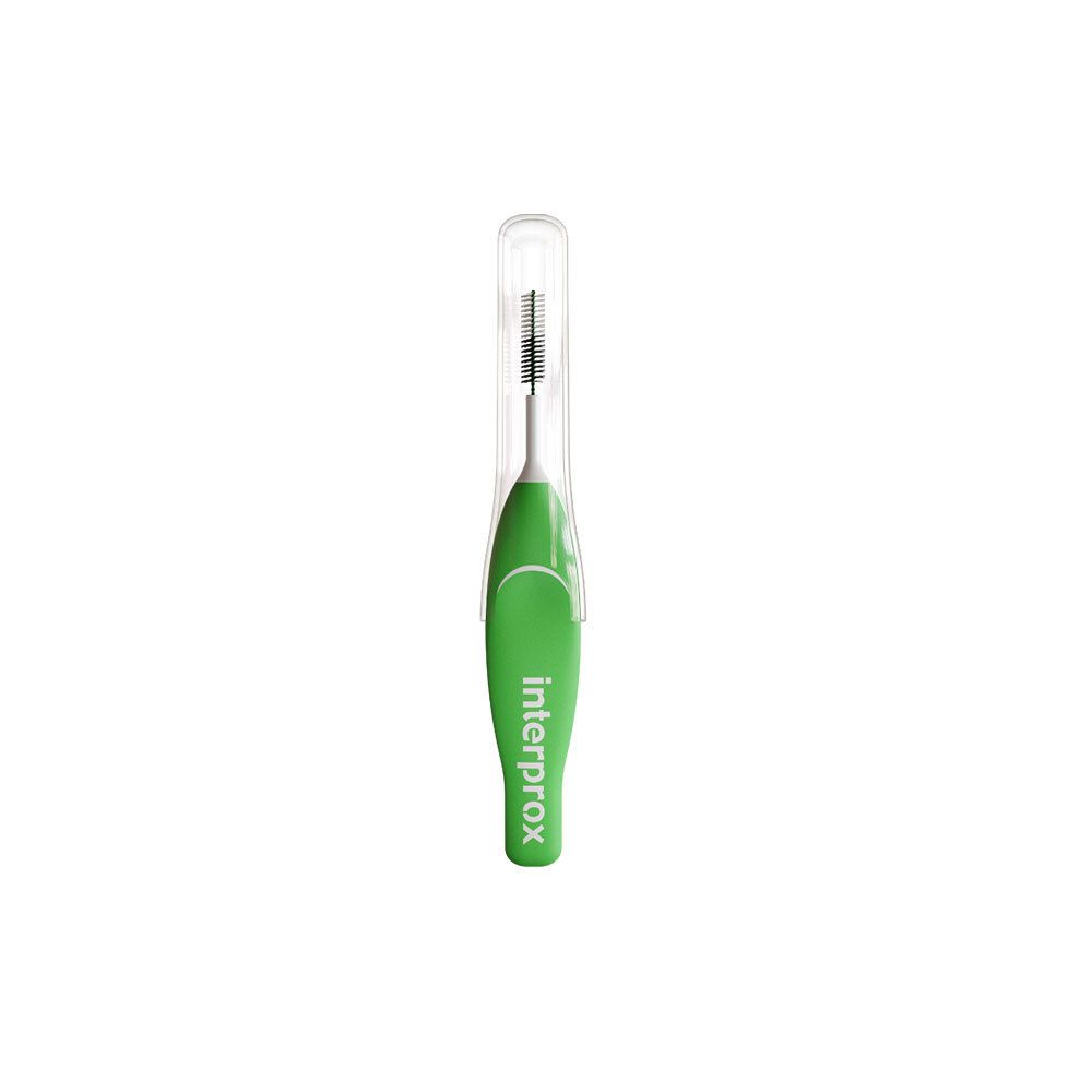 Brosse interdentaire verte Interprox avec étui de protection. Tête et manche visibles.