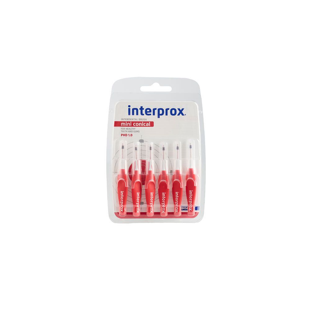 Paquet de six brossettes interdentaires rouges. L'emballage affiche le nom de la marque et la désignation du produit.