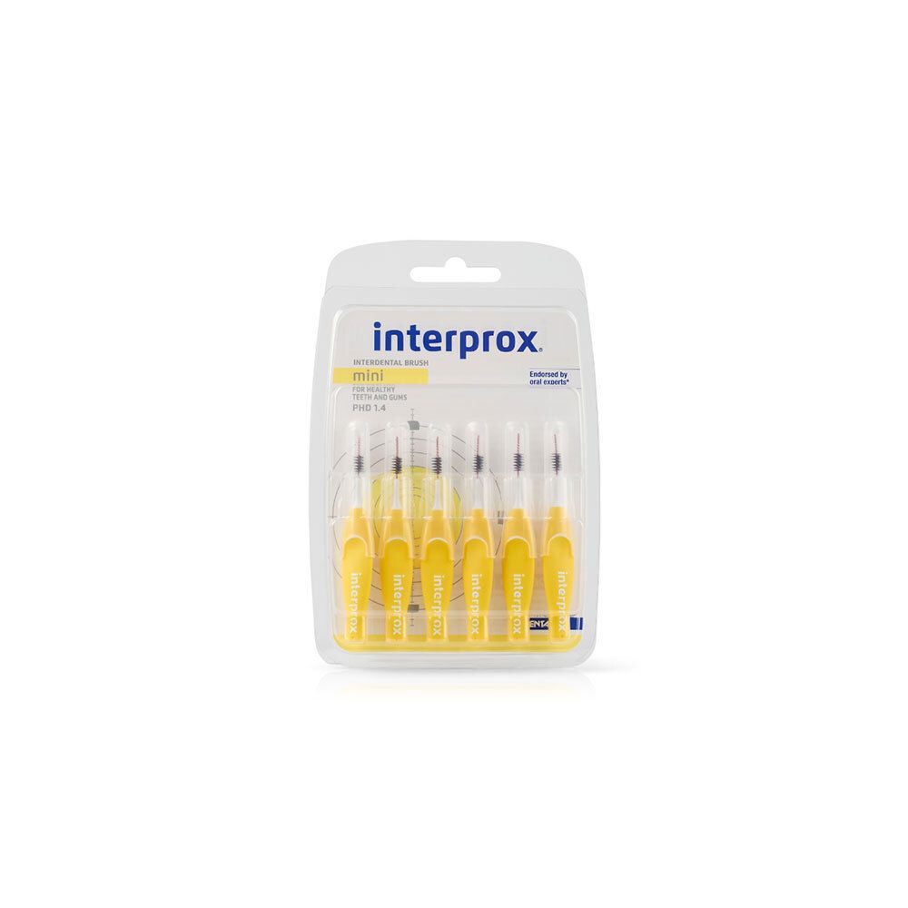 Verpakking met gele Interprox Mini tandenborstels. 3mm borstels. Transparante plastic verpakking.