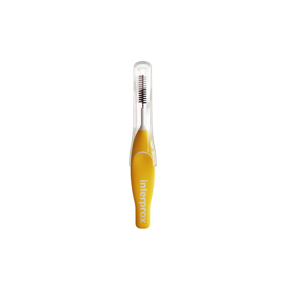 Brosse interdentaire jaune Interprox Mini 3mm. Capuchon de protection transparent. Manche jaune.