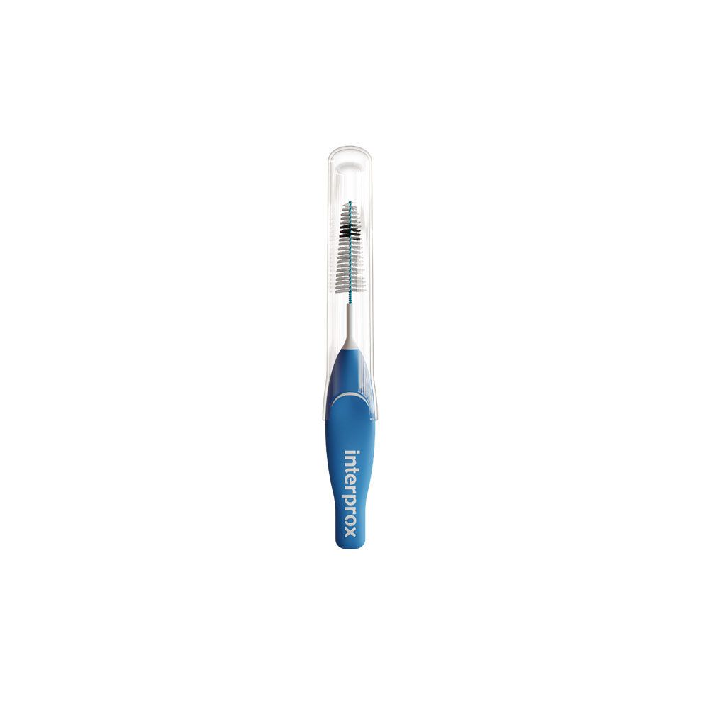 Brosse interdentaire bleue conique Interprox, étui de protection transparent.