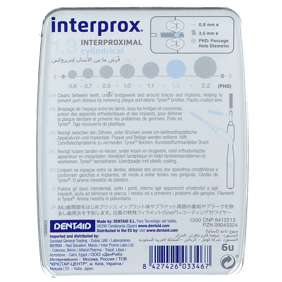 Dos de l'emballage avec informations produit et indications de taille. Le nom de la marque est en haut à gauche.