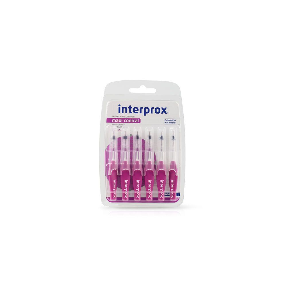 Paquet de brosses Interprox Maxi Conical lila. Plusieurs brosses sont visibles dans un emballage blister transparent.