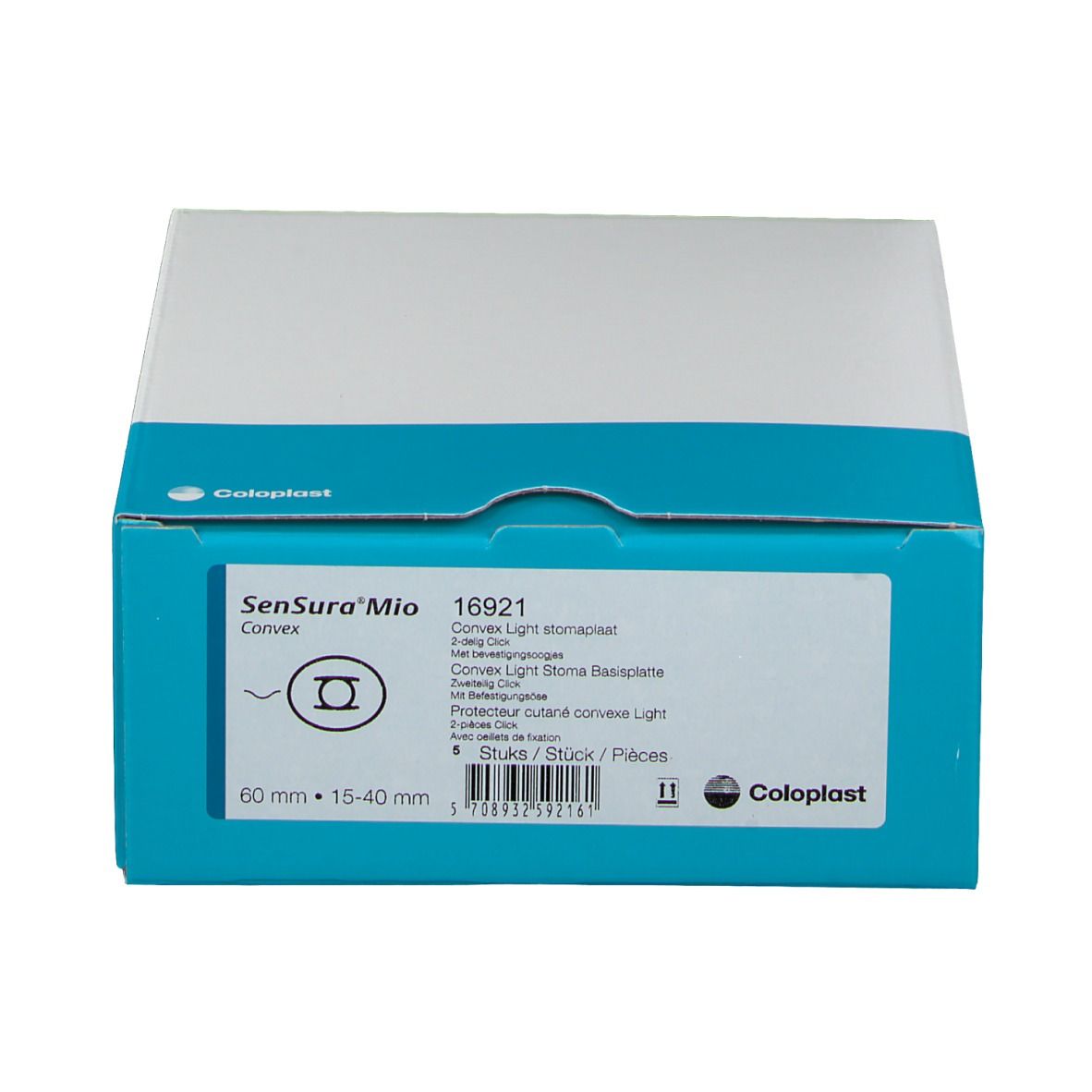 Verpakking van Sensura Mio light Click. Wit en blauw doosje met productinfo en logo.