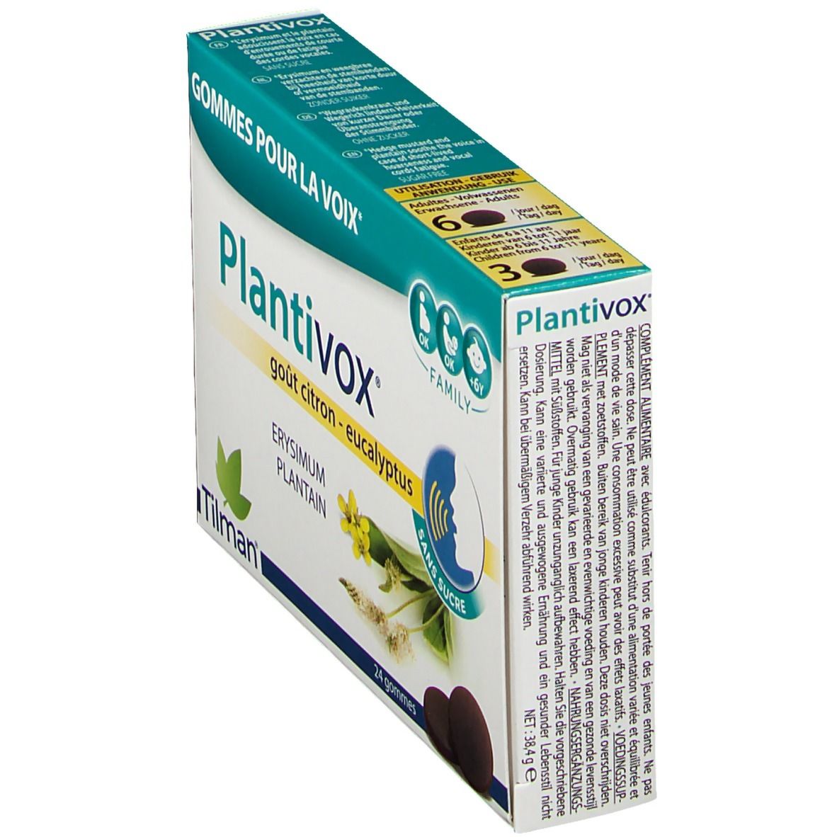 Plantivox®-Packung. Gout citron-eucalyptus, Sans sucre. 24 Gummis. Marke Tilman. Schräge Ansicht. Grün-weiße Verpackung.