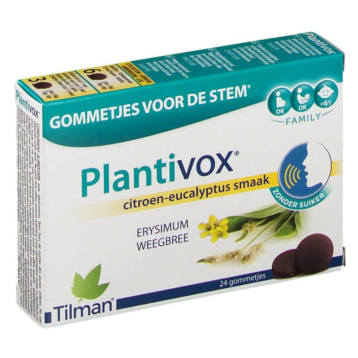 Plantivox®-Packung. Aufschrift: Citroen-eucalyptus smaak, Zonder suiker. 24 Gummis. Marke Tilman. Grün-weiße Verpackung.