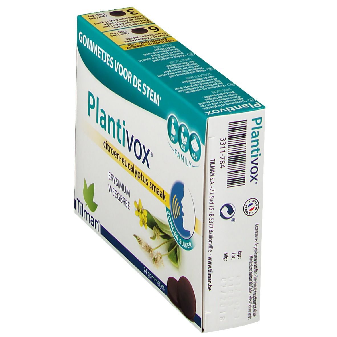 Plantivox®-Packung. Citroen-eucalyptus smaak, Zonder suiker. 24 Gummis. Marke Tilman. Schräge Ansicht. Grün-weiße Verpackung.