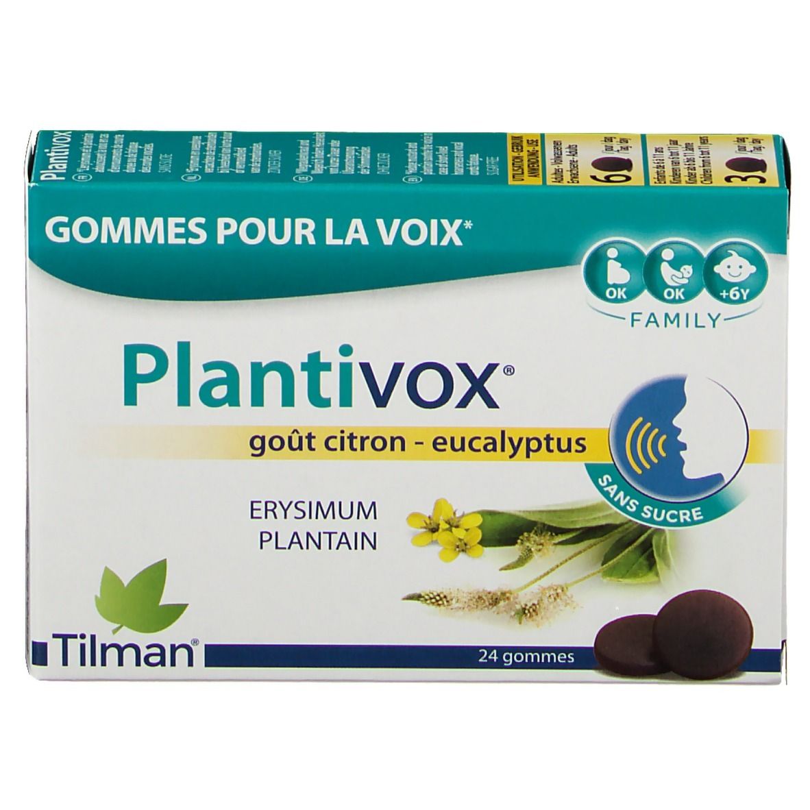 Plantivox®-Packung. Aufschrift: Gout citron-eucalyptus, Sans sucre. 24 Gummis. Marke Tilman. Grün-weiße Verpackung.