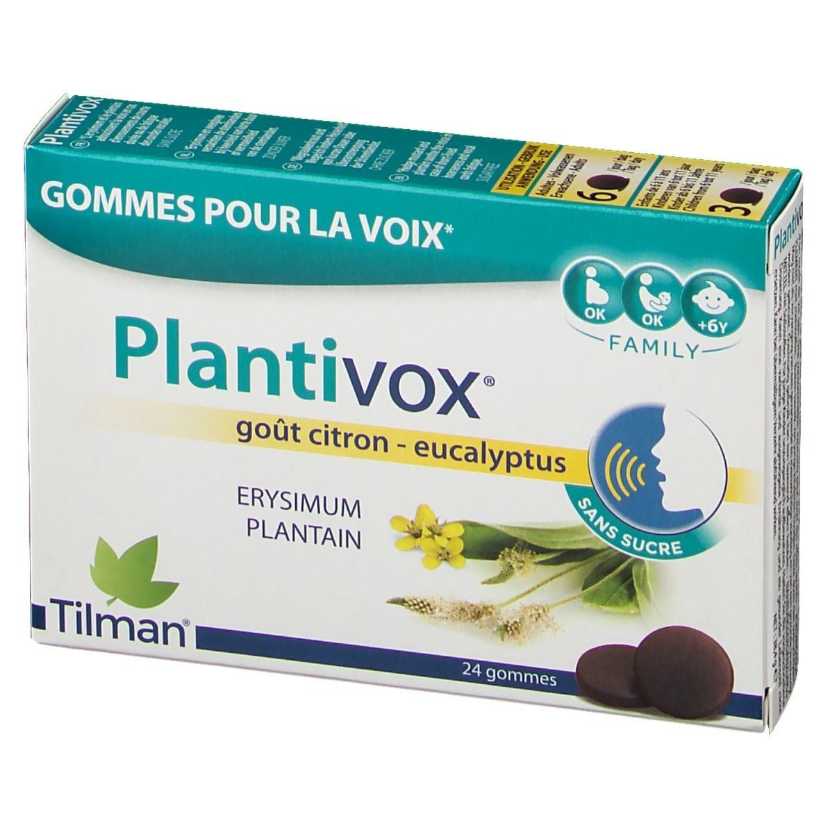 Plantivox®-Packung. Aufschrift: Gout citron-eucalyptus, Sans sucre. 24 Gummis. Marke Tilman. Grün-weiße Verpackung.