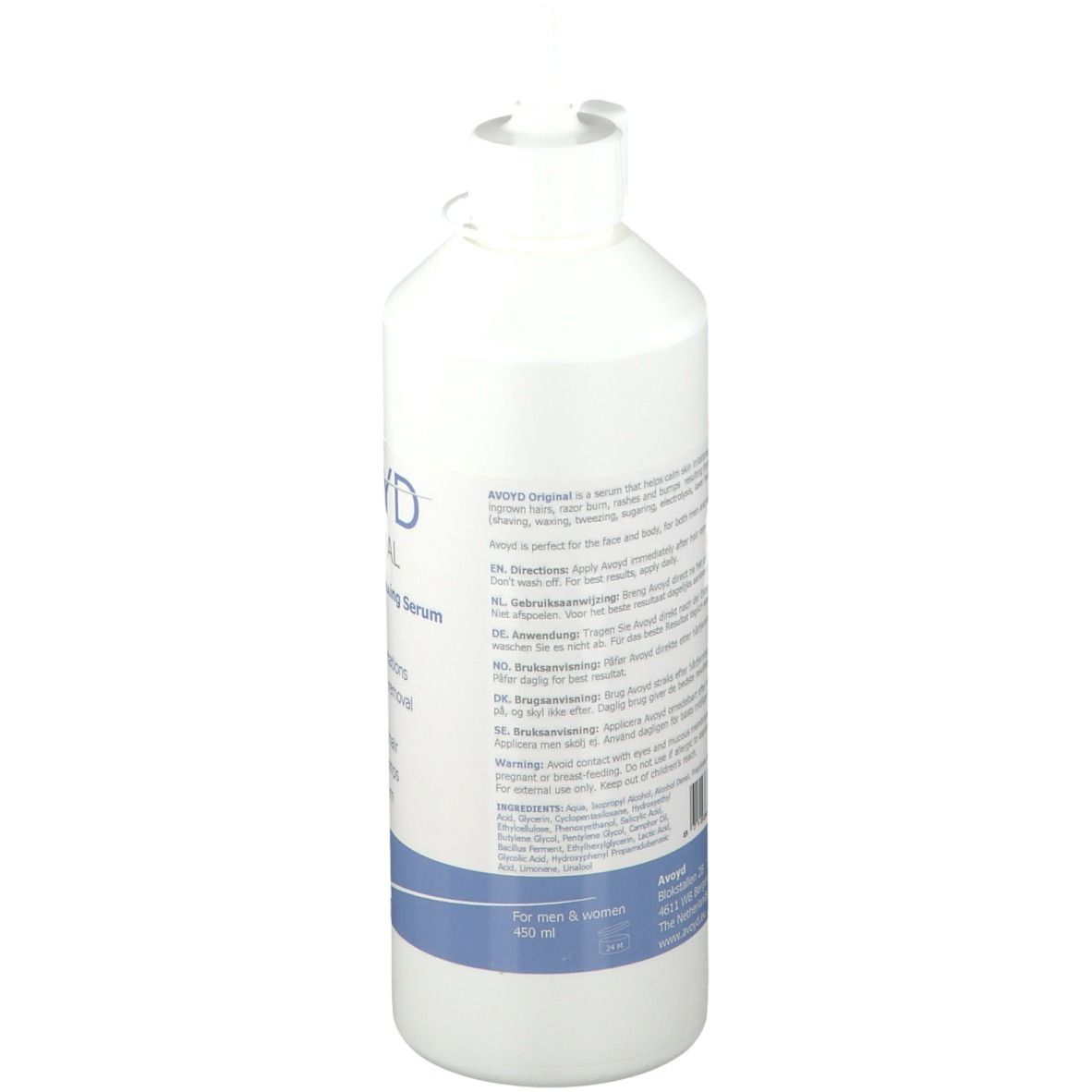 Flacon blanc avec texte. Informations produit en allemand, anglais, français et néerlandais. Pour hommes, 400 ml.