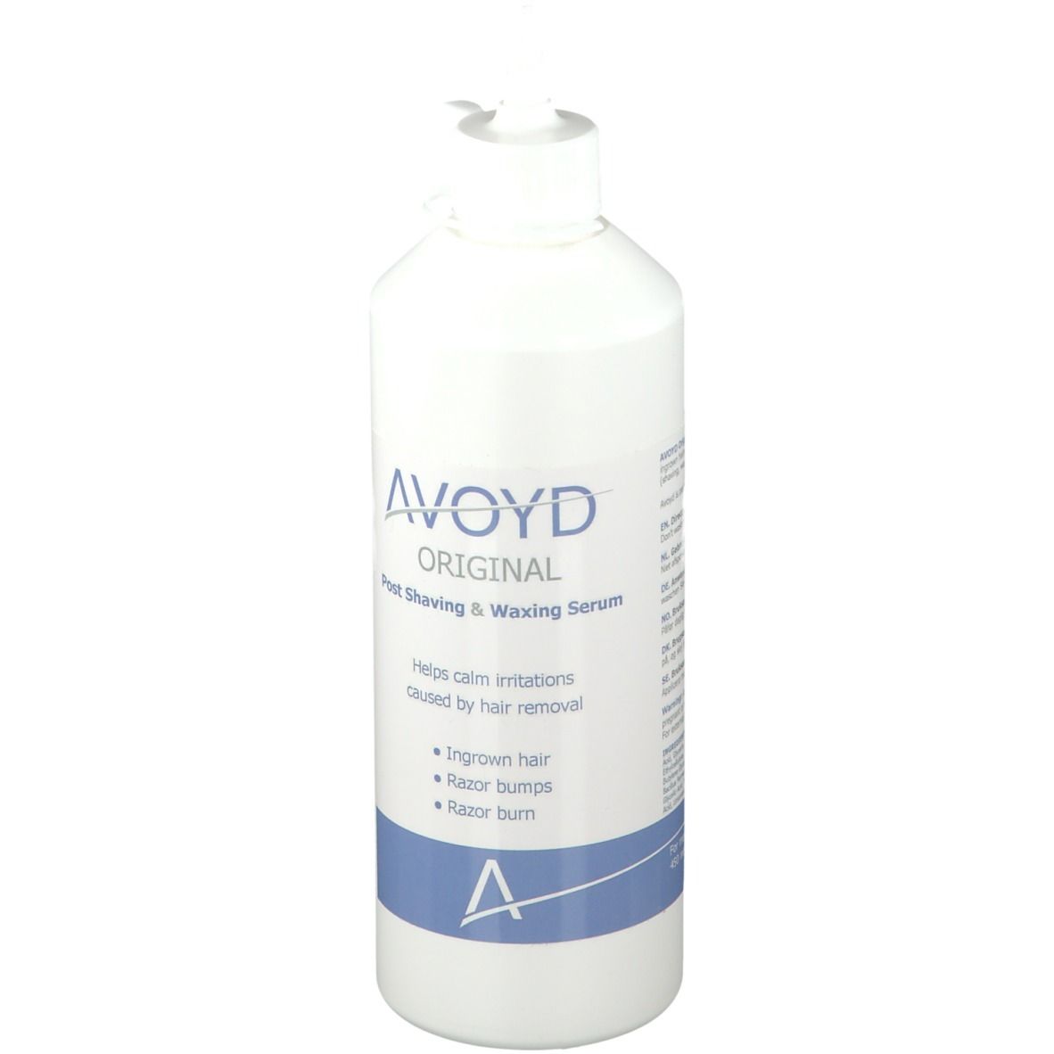 Flacon blanc avec logo AVOYD et texte. Nom du produit : Original Post Shaving & Waxing Serum. Aide à calmer les irritations après l'épilation.