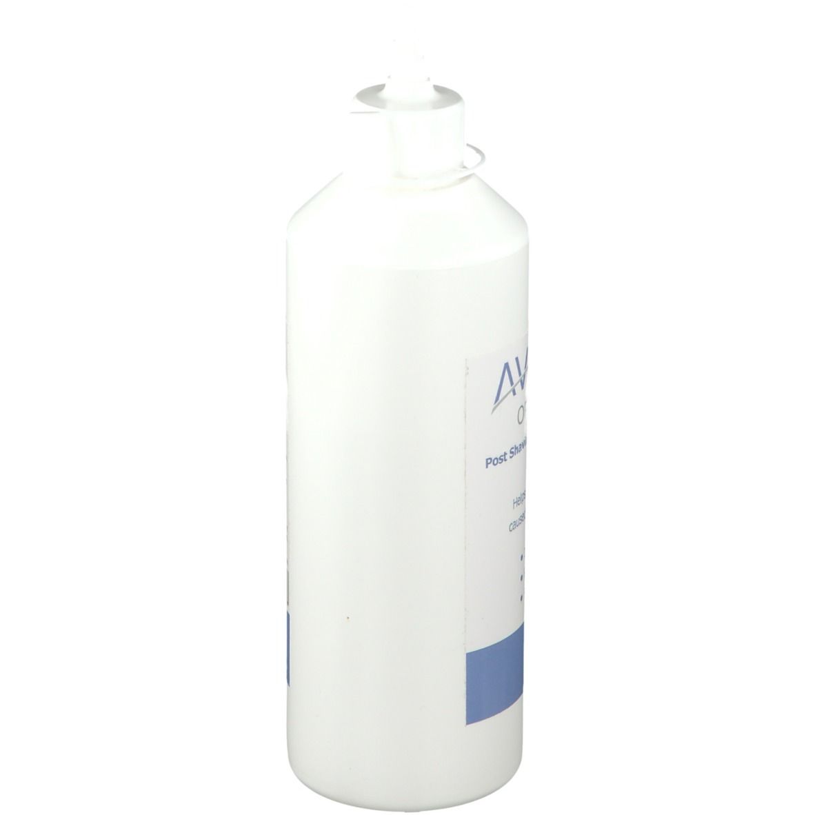 Flacon blanc avec texte. Nom du produit : Original Post Shaving & Waxing Serum. Marque bleue en bas.