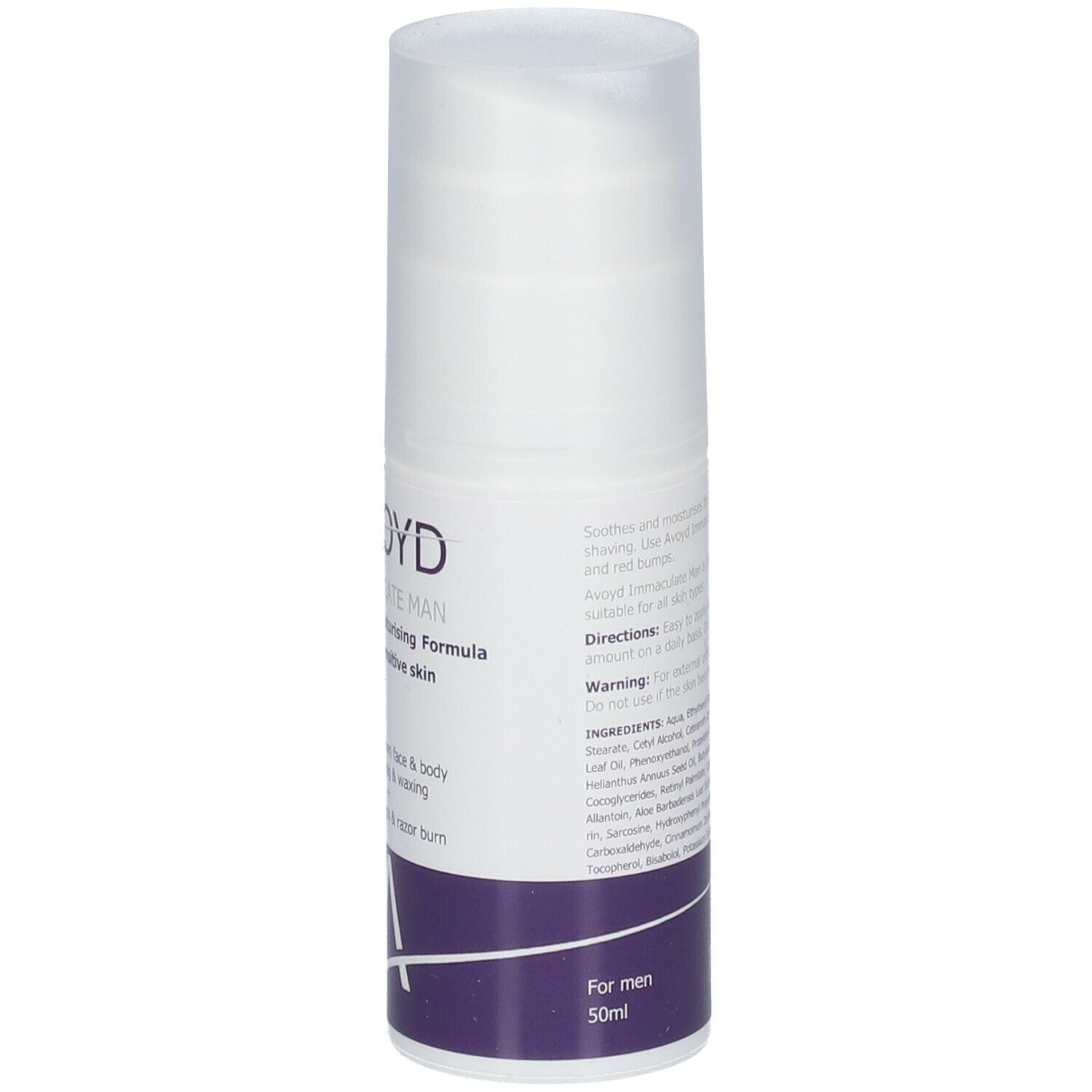 Flacon blanc AVOYD Immaculate Man. Formule apaisante et hydratante. Pour hommes. 50ml.