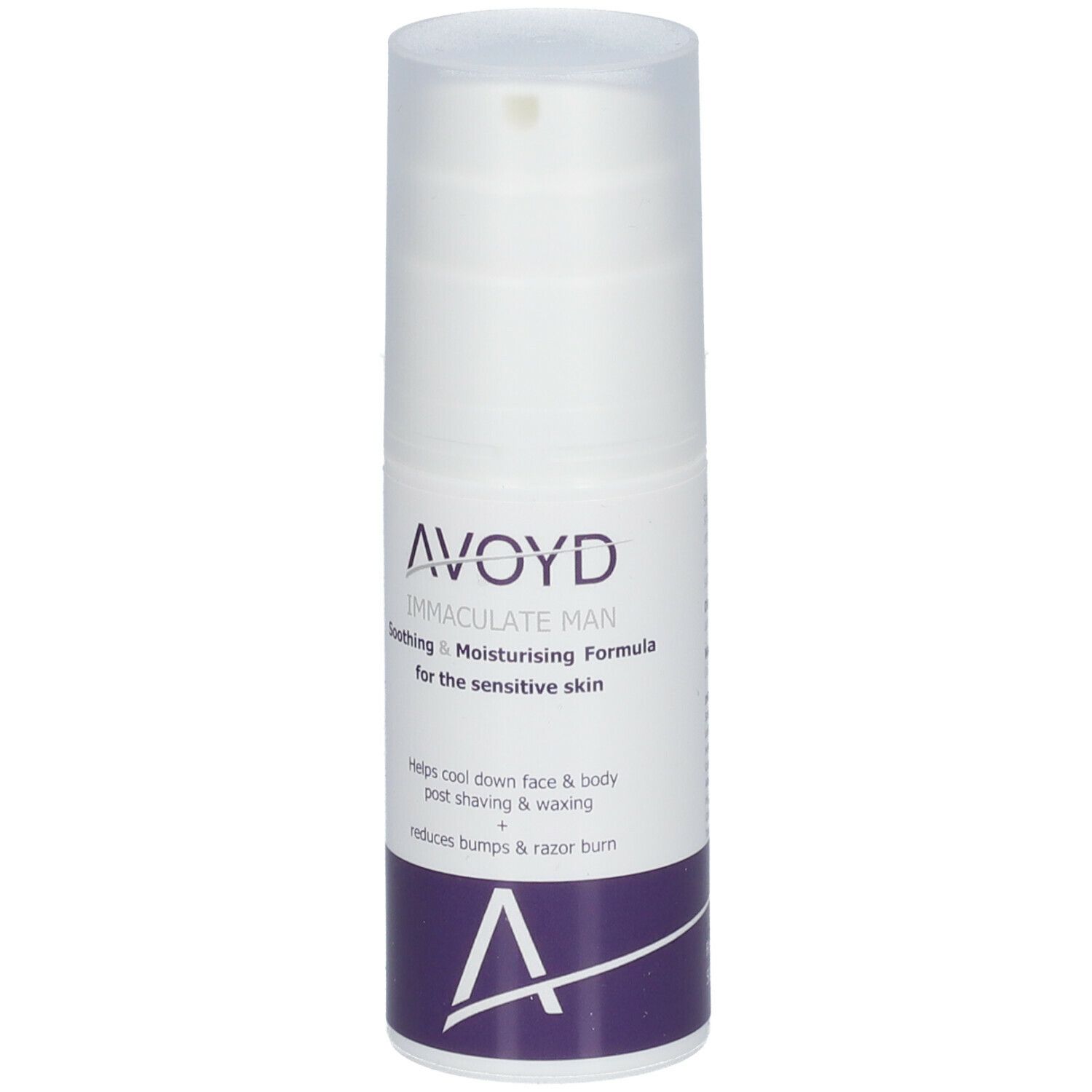 Flacon blanc AVOYD Immaculate Man. Formule apaisante et hydratante. Texte en blanc et violet. Bouchon pompe.