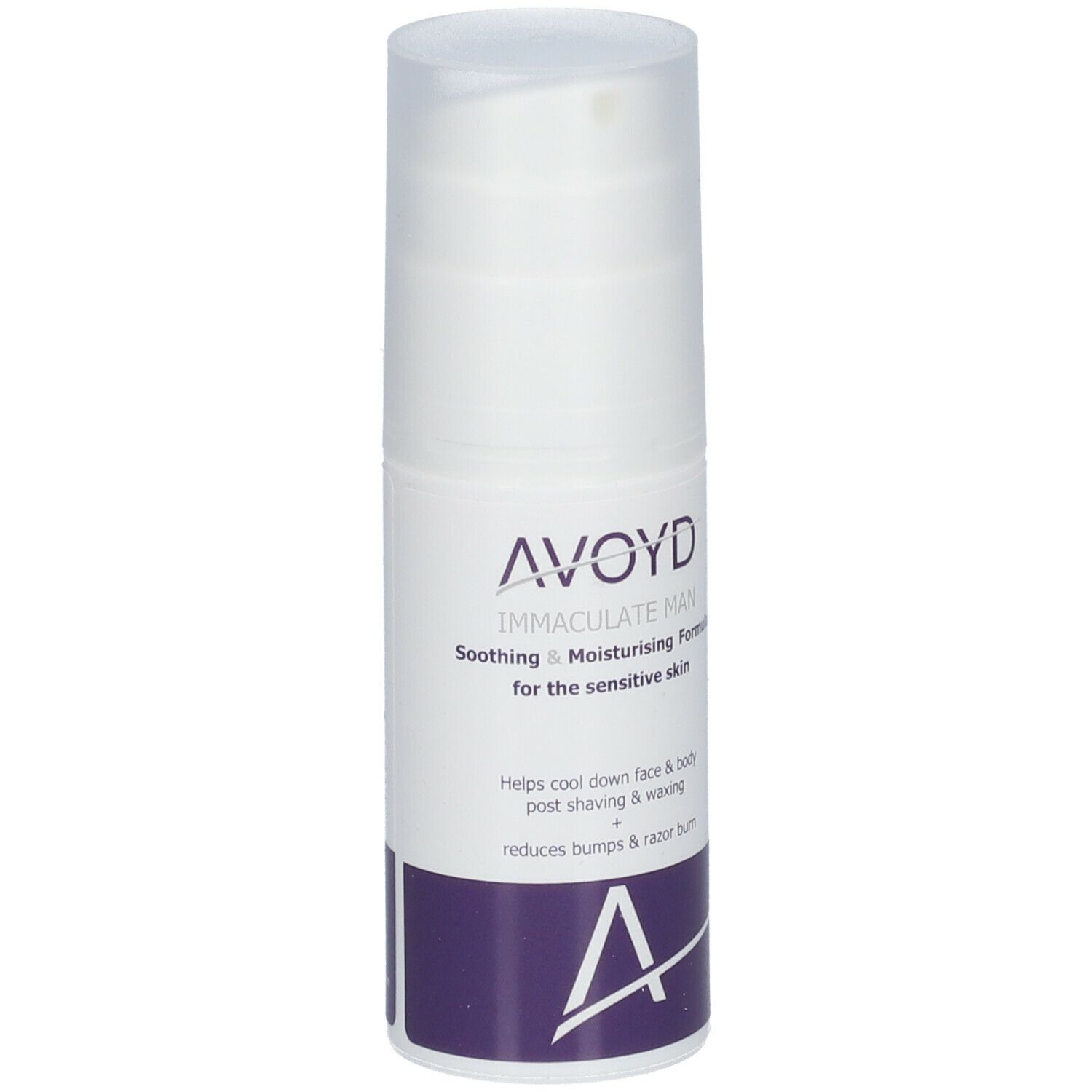 Flacon blanc AVOYD Immaculate Man. Formule apaisante et hydratante. Texte en blanc et violet. Bouchon pompe.