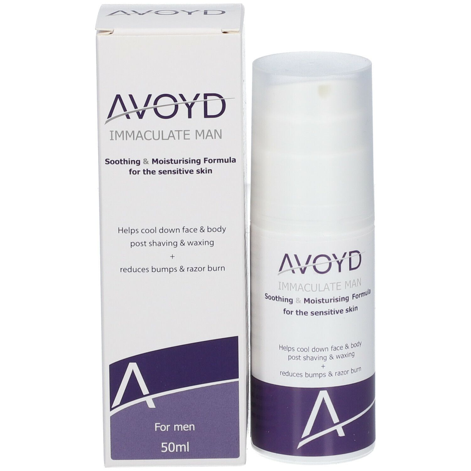 Flacon et emballage AVOYD Immaculate Man. Formule apaisante et hydratante. Accent violet. 50ml.