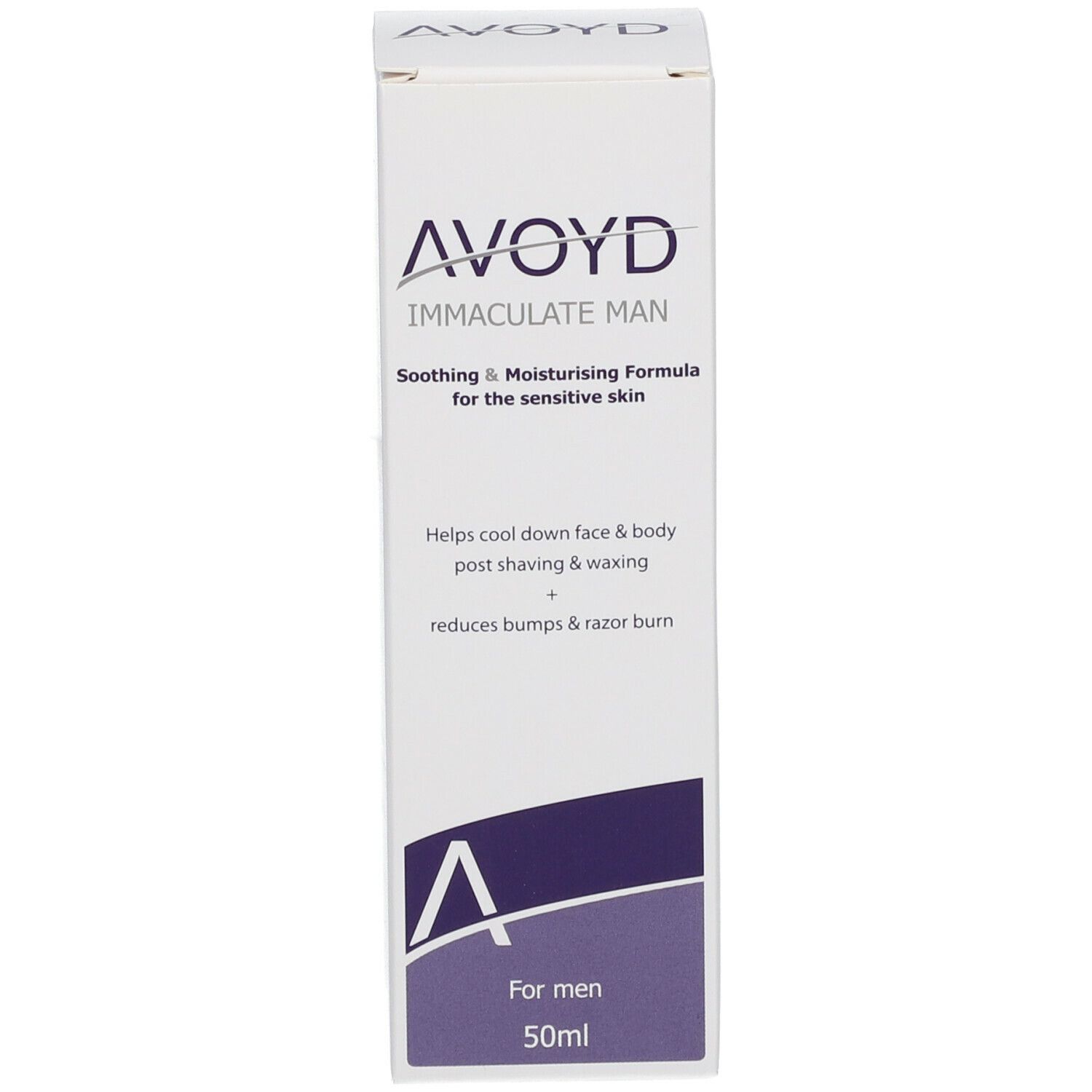 Emballage AVOYD Immaculate Man. Formule apaisante et hydratante. Accent violet. 50ml.